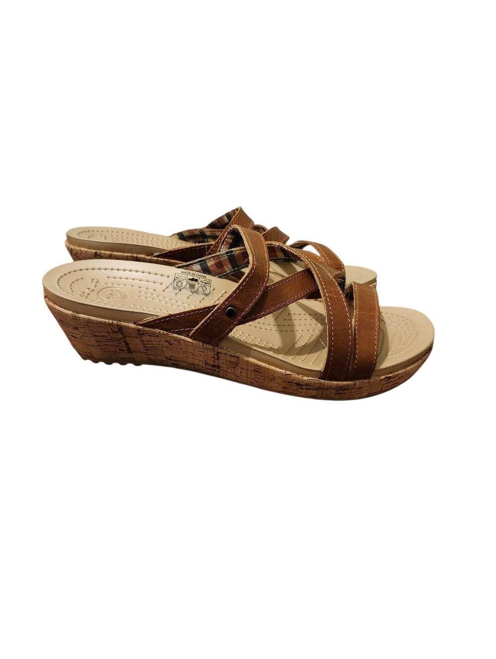 Crocs Comfort Leather Wedge Slide Sandals - 10 Easy Walking Beach - Picture 2 of 4